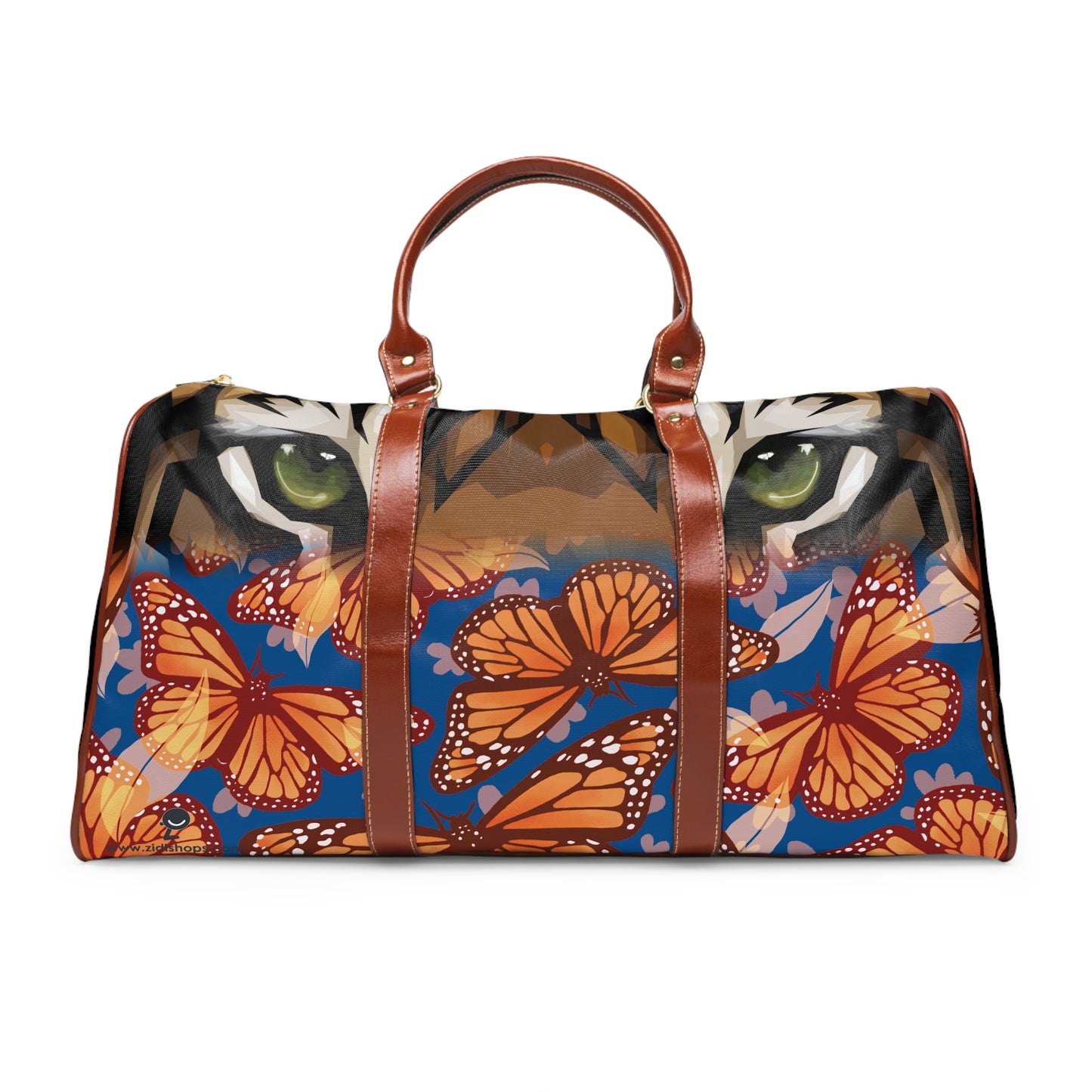 Jungle Tiger eyes, Waterproof Travel Bag, multiple compartments, a resilient carrying handle, and an adjustable shoulder strap