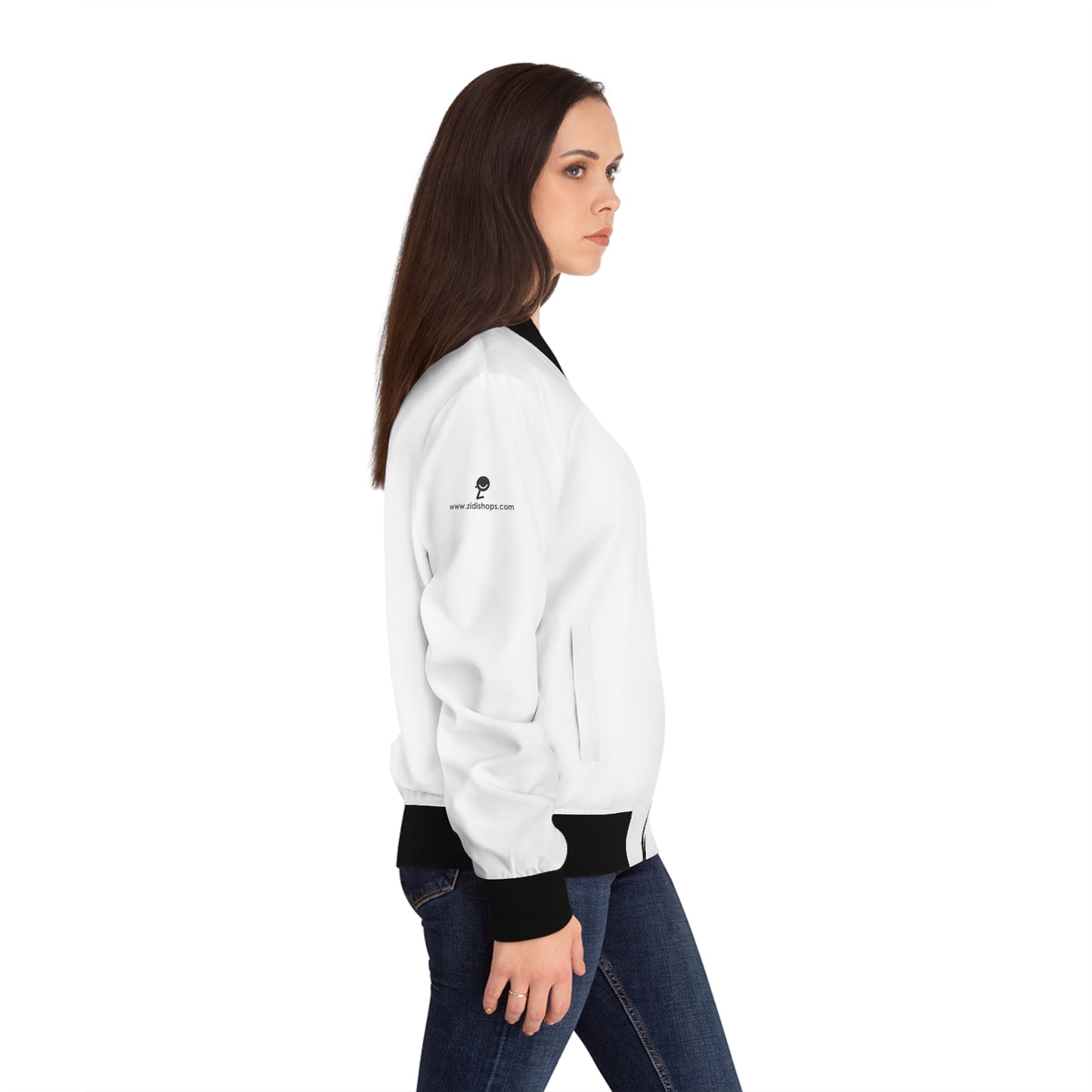 Love in Japanese, Unisex Bomber Jacket (AOP), White, ribbed cuffs, collar, and hem, it's as durable as it's comfortable,