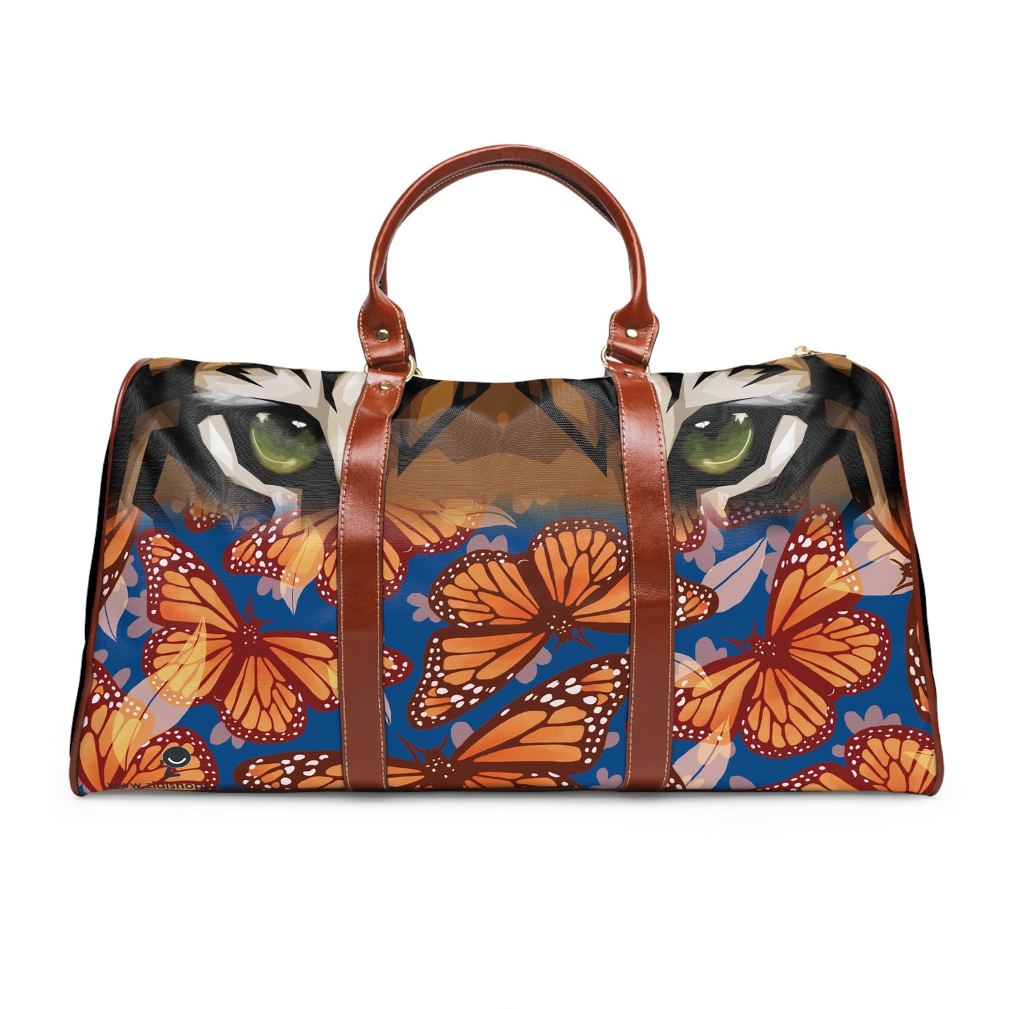 Jungle Tiger eyes, Waterproof Travel Bag, multiple compartments, a resilient carrying handle, and an adjustable shoulder strap