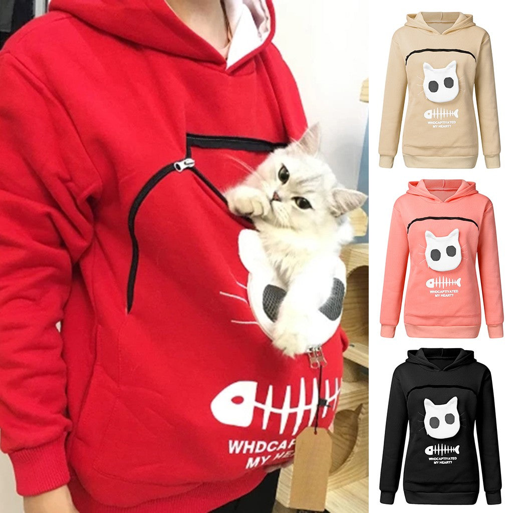 Hoodies with Cat or Dog Pet Pocket Design, Long Sleeve Sweater Cat Outfit, Unisex Sweatshirt, Long Sleeve Sweater