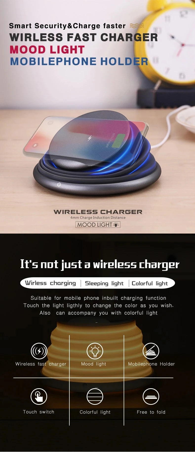 Wireless Charging Atmosphere Lamp multifunctional device, phone charger with enchanting ambiance