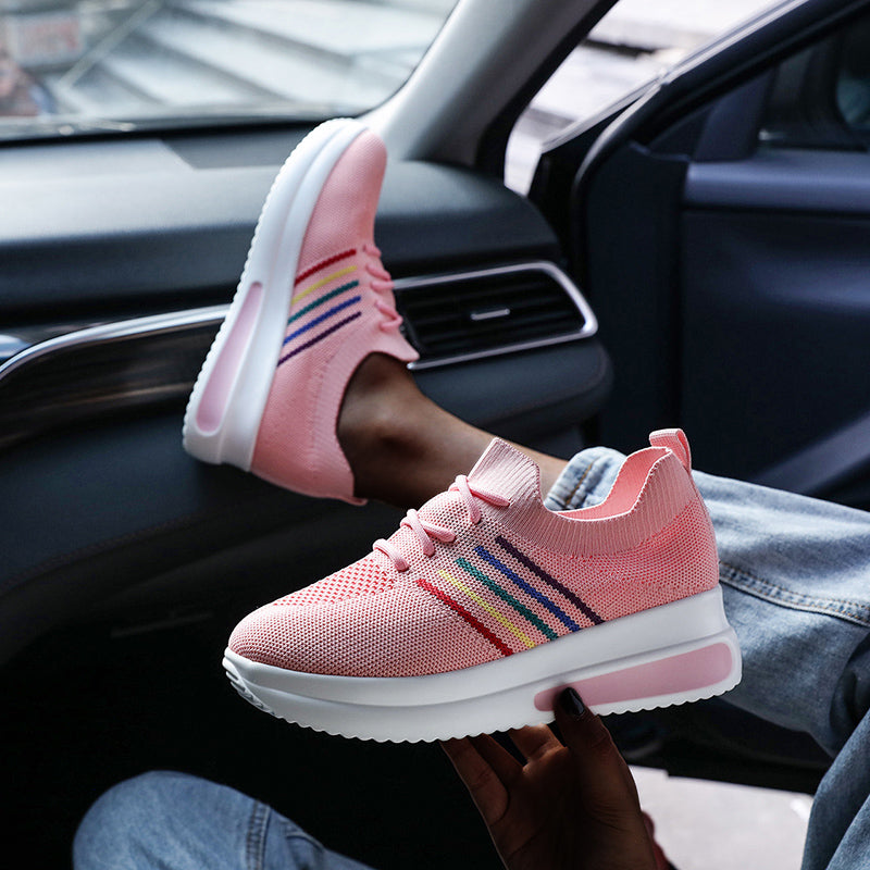 Stylish and Comfortable Miaoguan Women's Lace-Up Wedge Sneakers: Fashionable Platform Casual Shoes for Ladies, Air-cushioned Fly-knit Sneakers
