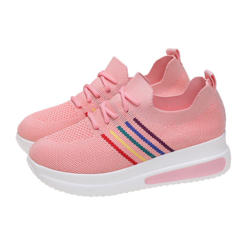 Stylish and Comfortable Miaoguan Women's Lace-Up Wedge Sneakers: Fashionable Platform Casual Shoes for Ladies, Air-cushioned Fly-knit Sneakers