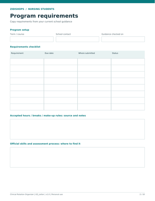 Clinical organizer requirements checklist with due dates, submission locations and status fields