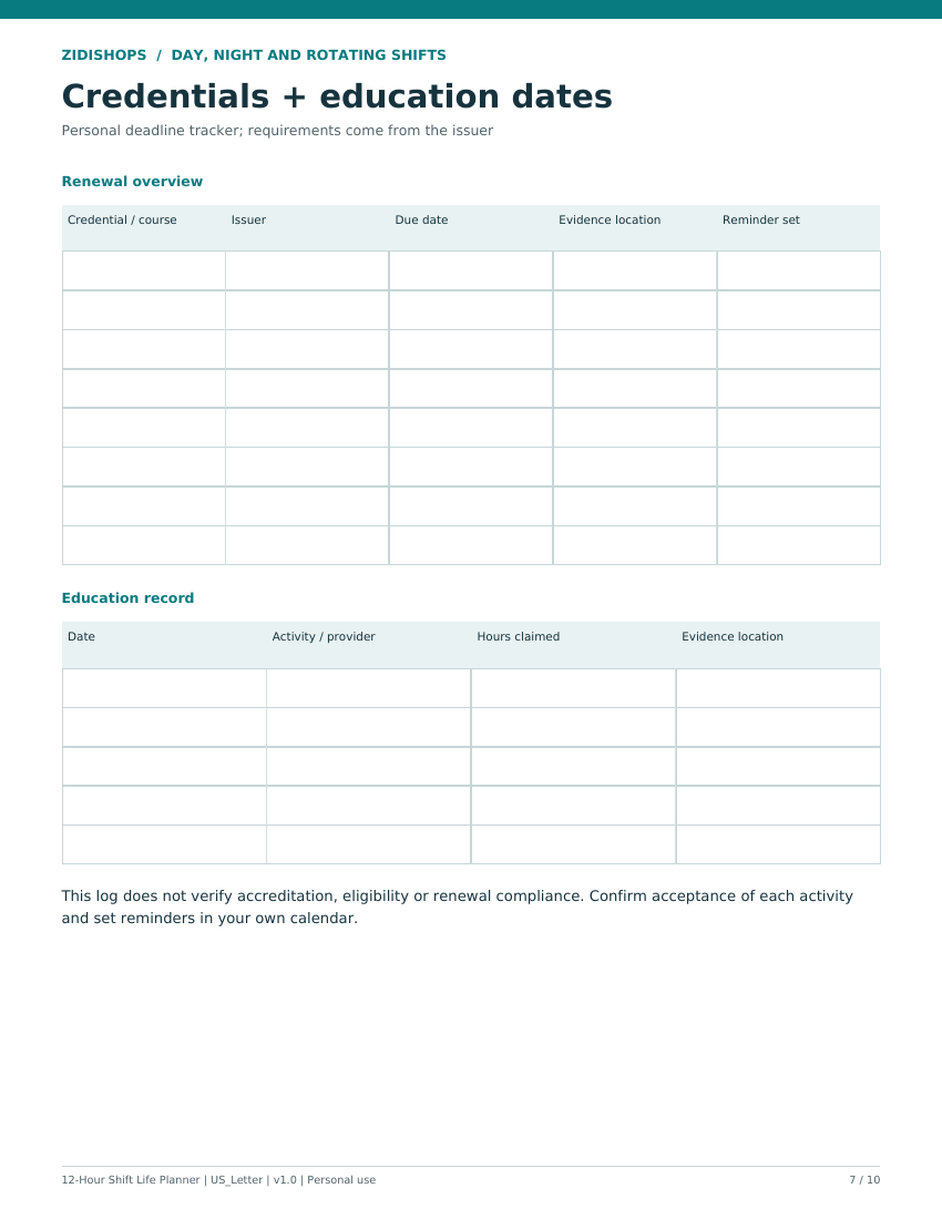 Credential renewal overview and education record with issuer, due date and evidence-location fields