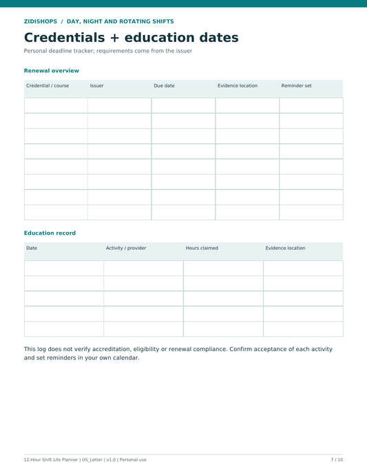 Credential renewal overview and education record with issuer, due date and evidence-location fields
