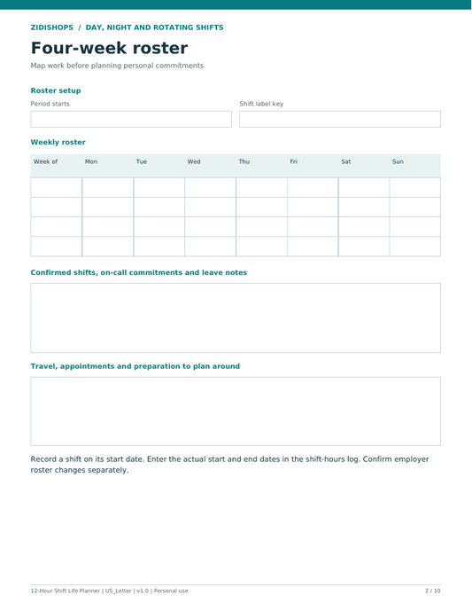Four-week roster page showing margins around the template and footer
