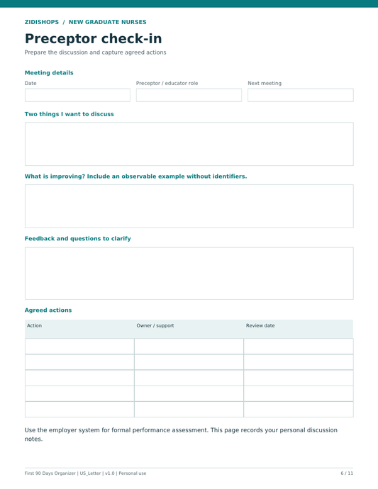 Fillable preceptor check-in page with discussion prompts and an agreed-actions table