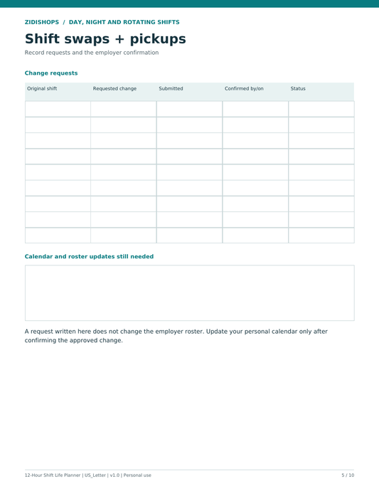 Shift-swap tracker showing the original shift, requested change, submission and confirmation fields