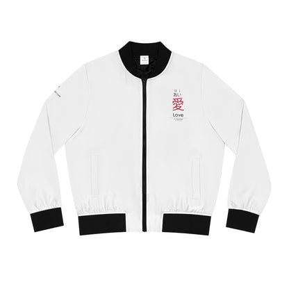 Love in Japanese, Unisex Bomber Jacket (AOP), White, ribbed cuffs, collar, and hem, it's as durable as it's comfortable,
