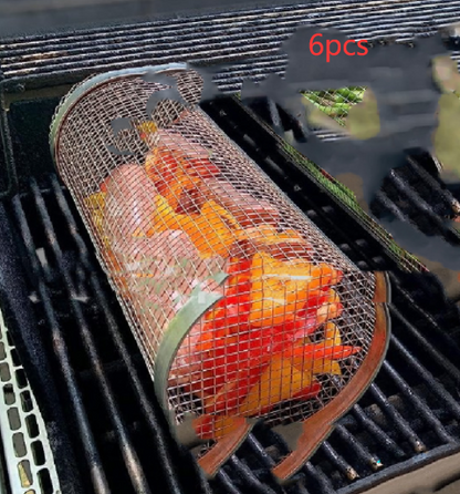 Rolling Grilling Basket Metal BBQ Barbecue Basket Net Portable Outdoor Camping Barbecue Rack Kitchen Gadgets