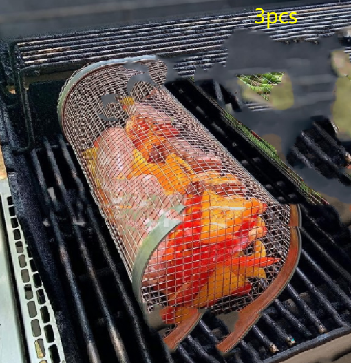 Rolling Grilling Basket Metal BBQ Barbecue Basket Net Portable Outdoor Camping Barbecue Rack Kitchen Gadgets