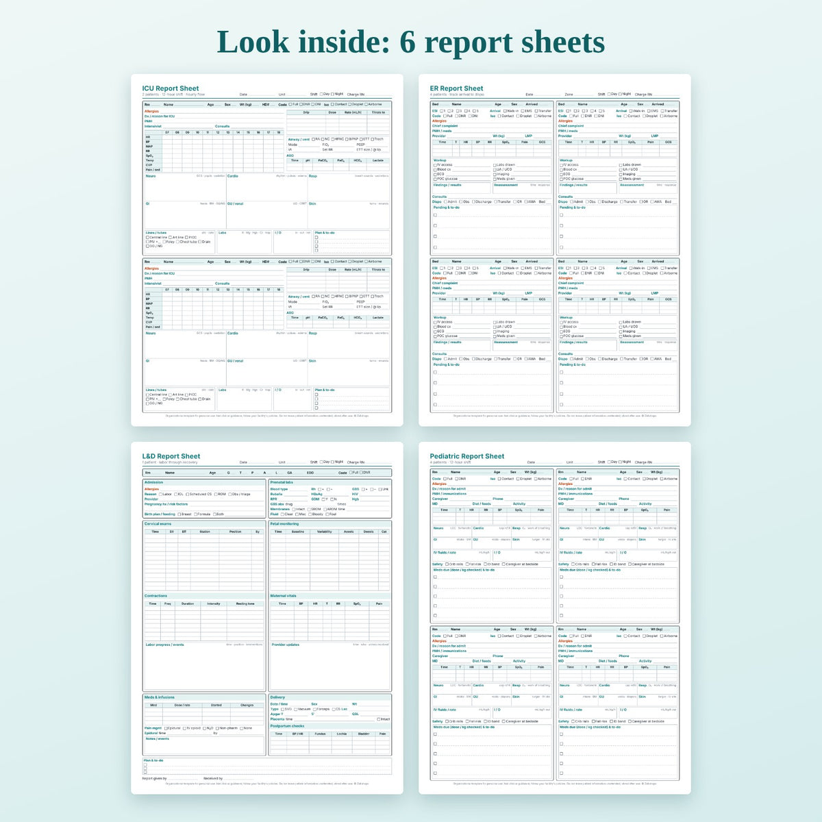 Look inside the nurse report sheet bundle: ICU, ER, L&D and Peds sheets