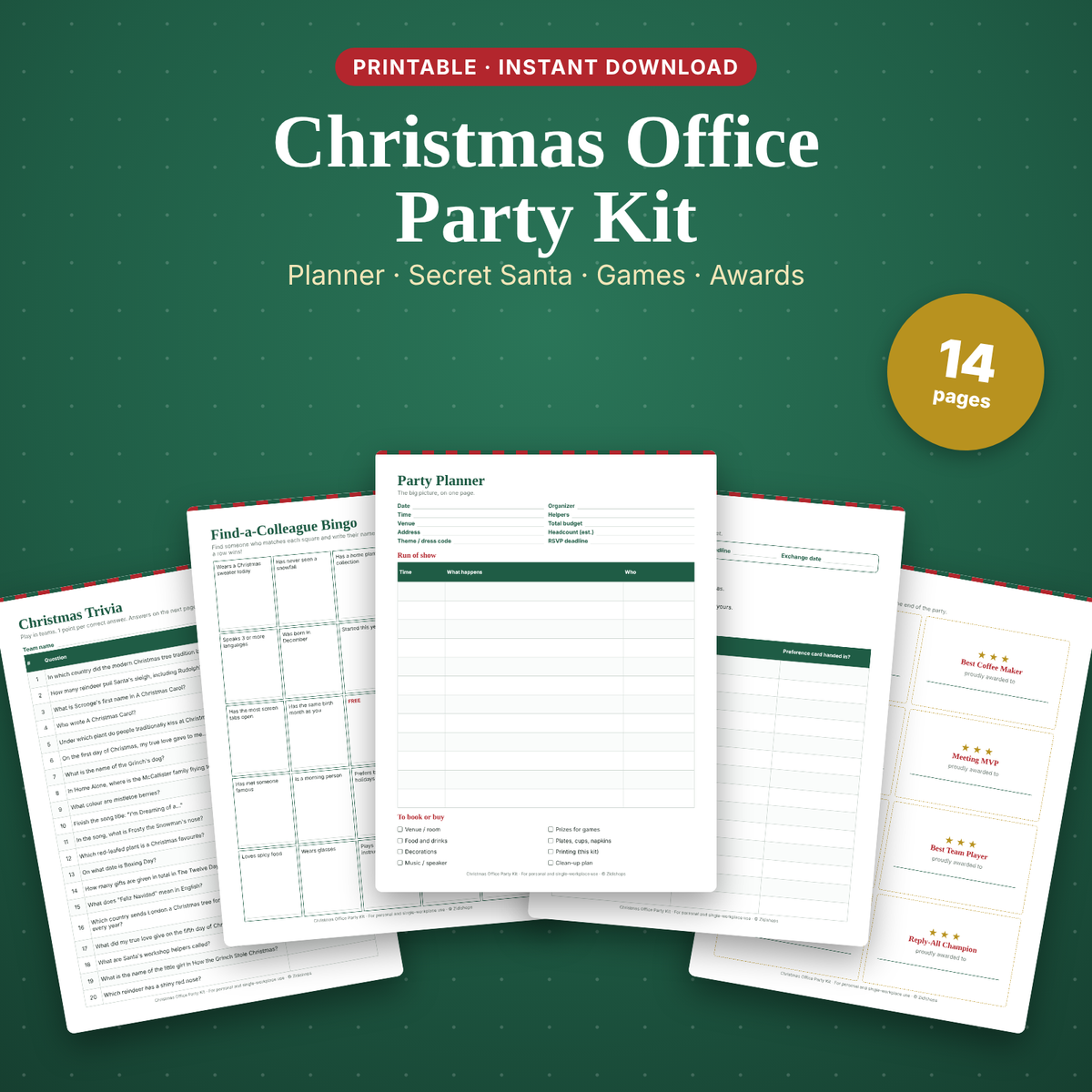 Christmas Office Party Kit printable: party planner, Secret Santa, games and office awards