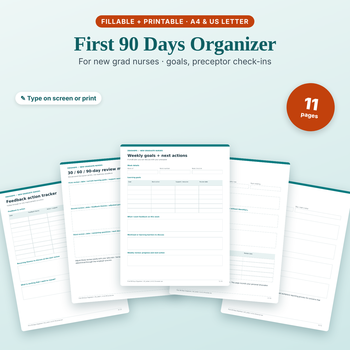 First 90 Days Organizer for new grad nurses, fillable and printable PDF