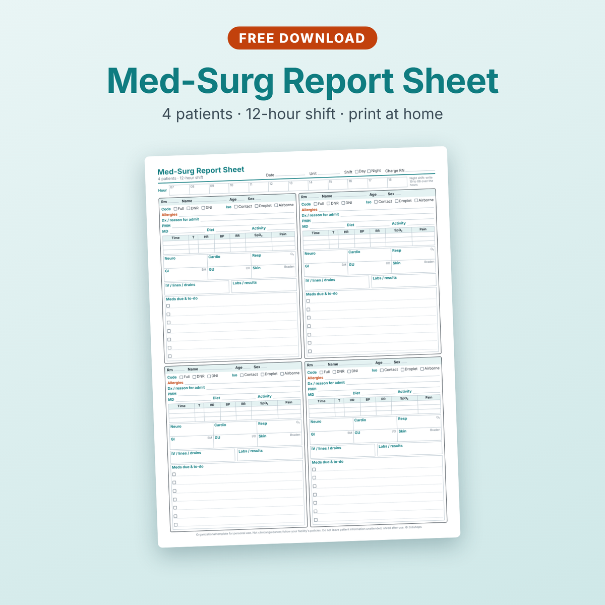 Free printable Med-Surg nurse report sheet for 4 patients